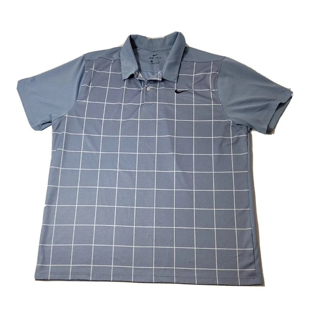 Nike Dri-FIT Men's Golf Polo Large Blue White Check Performance Shirt